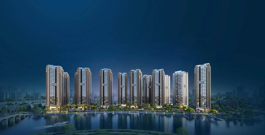 Vị trí The Privé: Song Hành, Nam Rạch Chiếc và kết nối Thủ Thiêm 2 Phối cảnh các tháp The Privé và không gian ven sông nhìn vào ban đêm