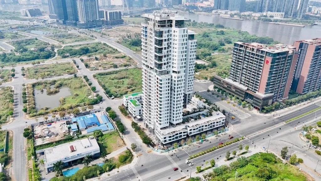Ảnh trên cao khu vực Thủ Thiêm Zeit River sau khi hoàn thiện hai tháp