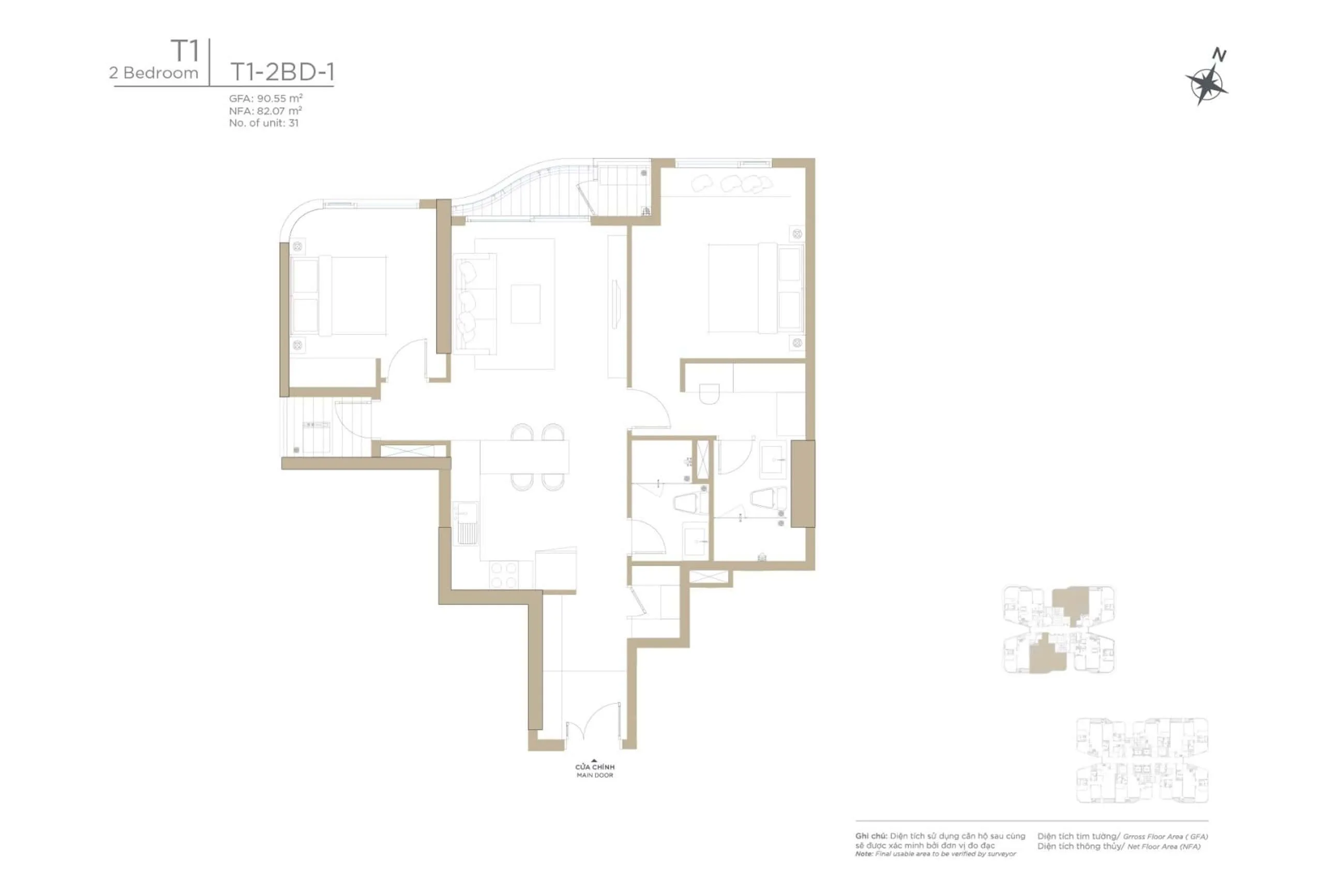 Mặt bằng căn hộ 2 phòng ngủ T1-2BD-1 Thủ Thiêm Zeit River, diện tích GFA 90,55 m² và NSA 82,07 m²
