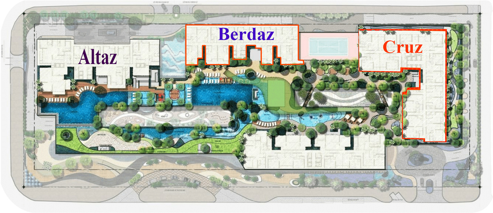 Tổng mặt bằng ba tháp Altaz Berdaz Cruz tại Feliz en Vista